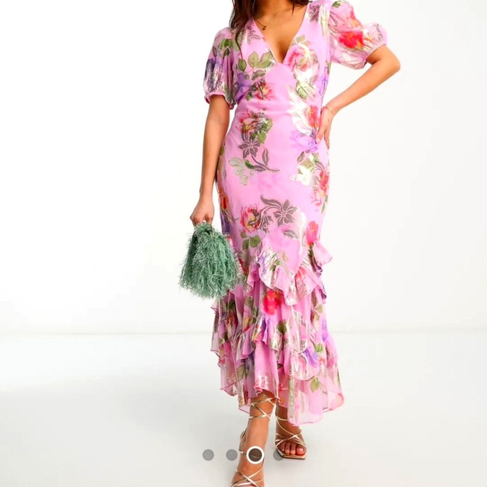 ASOS DESIGN Petite ruffle frill hem maxi dress in pink lurex rose print